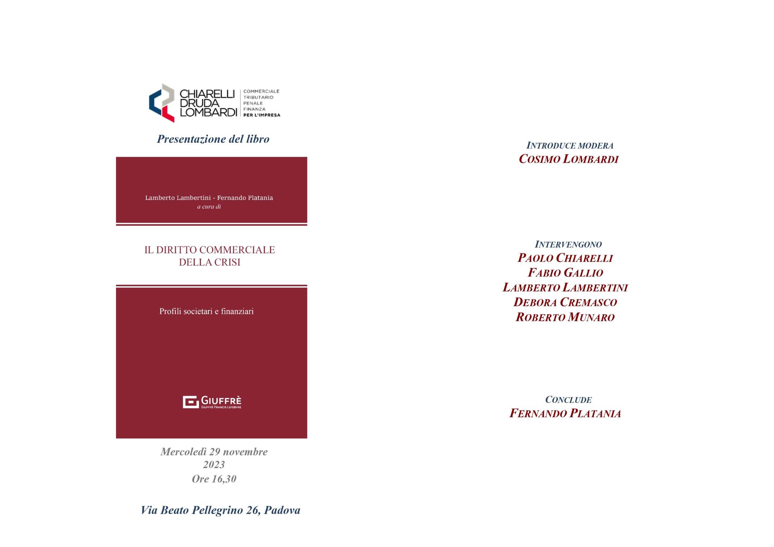 29.11.2023 – Presentazione del libro “Il diritto commerciale della crisi” – Studio Chiarelli Druda Lombardi
